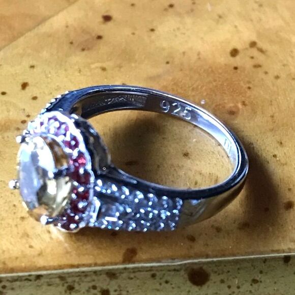 Natural Red Sapphire Yellow Zircon Sterling Silver Halo Ring Size 5 - Picture 4 of 8